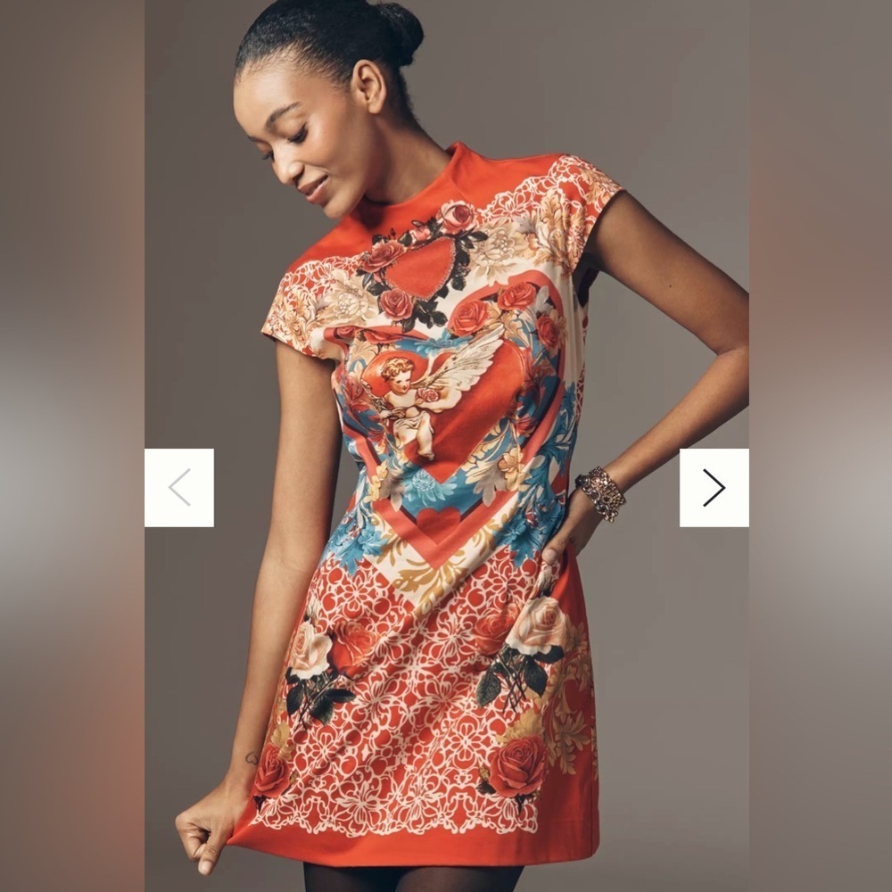 Anthropologie Maeve Heart-Back Mock-Neck A-Line Mini Dress Small Red Pattern NWT